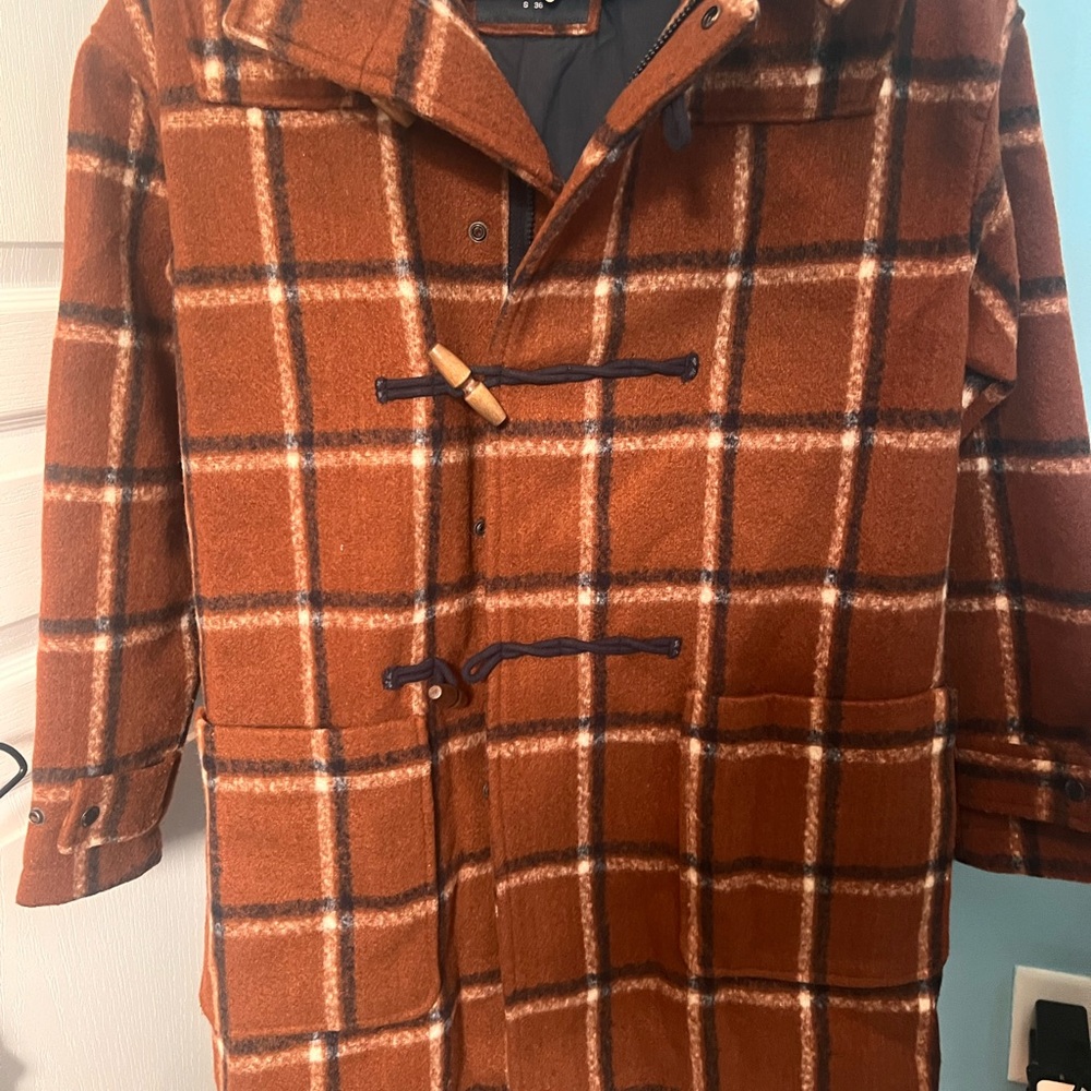 Pull&Bear Rust Brown Plaid Toggle Coat - image 3